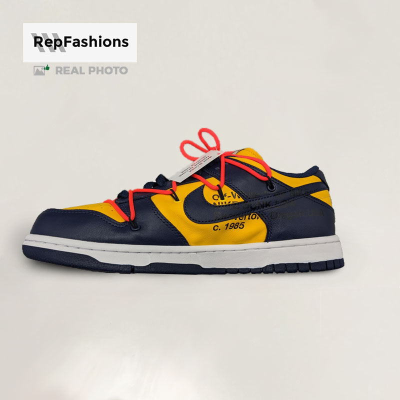 Fashion rep Off White University Gold Midnight Navy x Nike Dunk SB Low